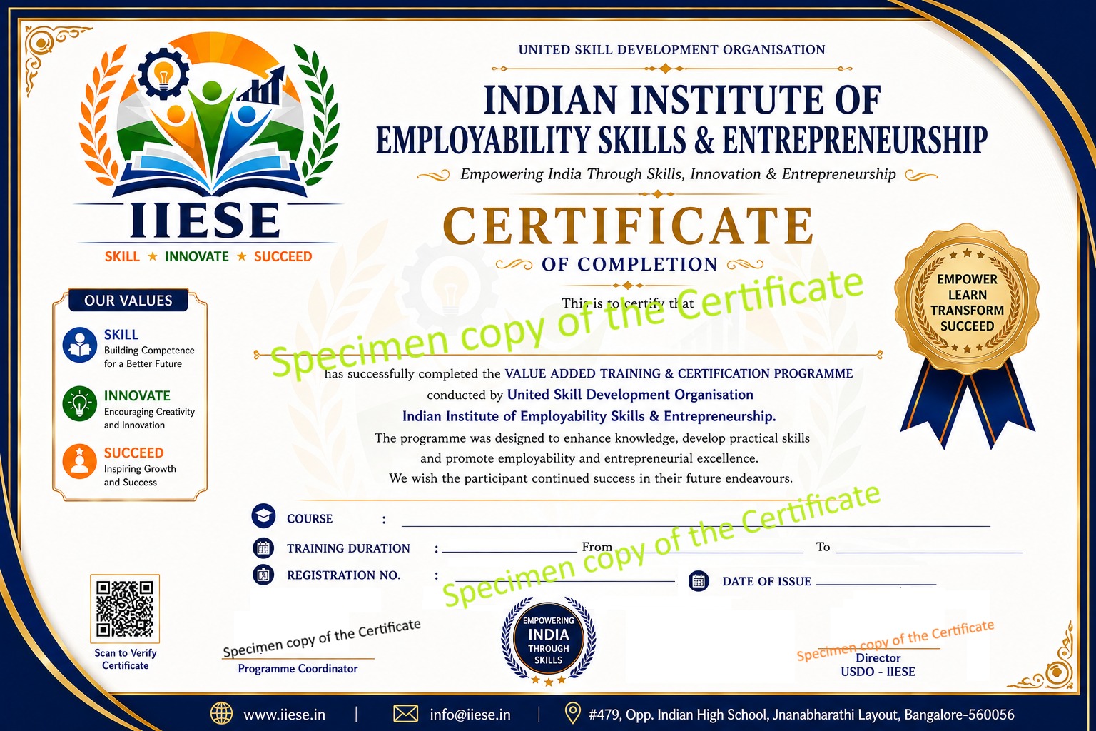Specimen copy of IIESE Certificate of Completion